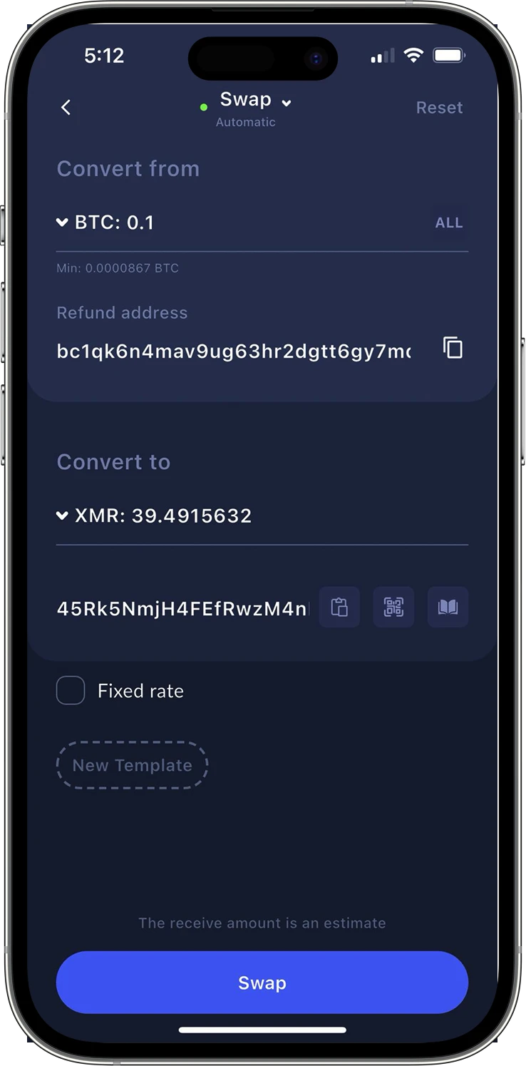 Cake Wallet Mobile App Interface - Wallet Transactions
